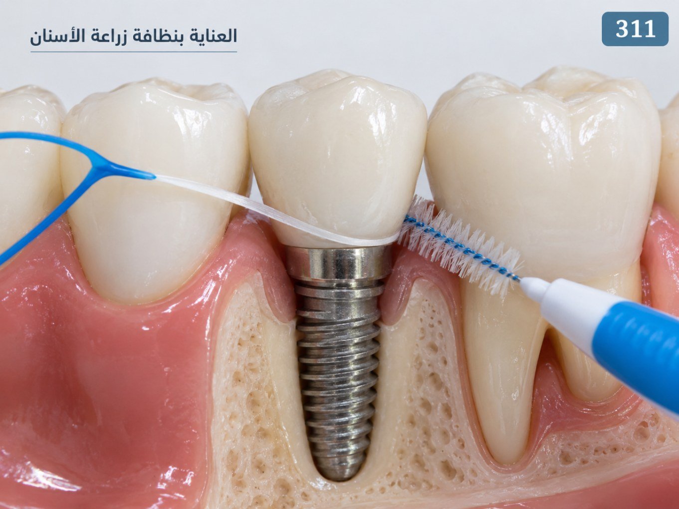 الخيط والفرشاة حول الزرعات: المراحل والملاءمة والعناية